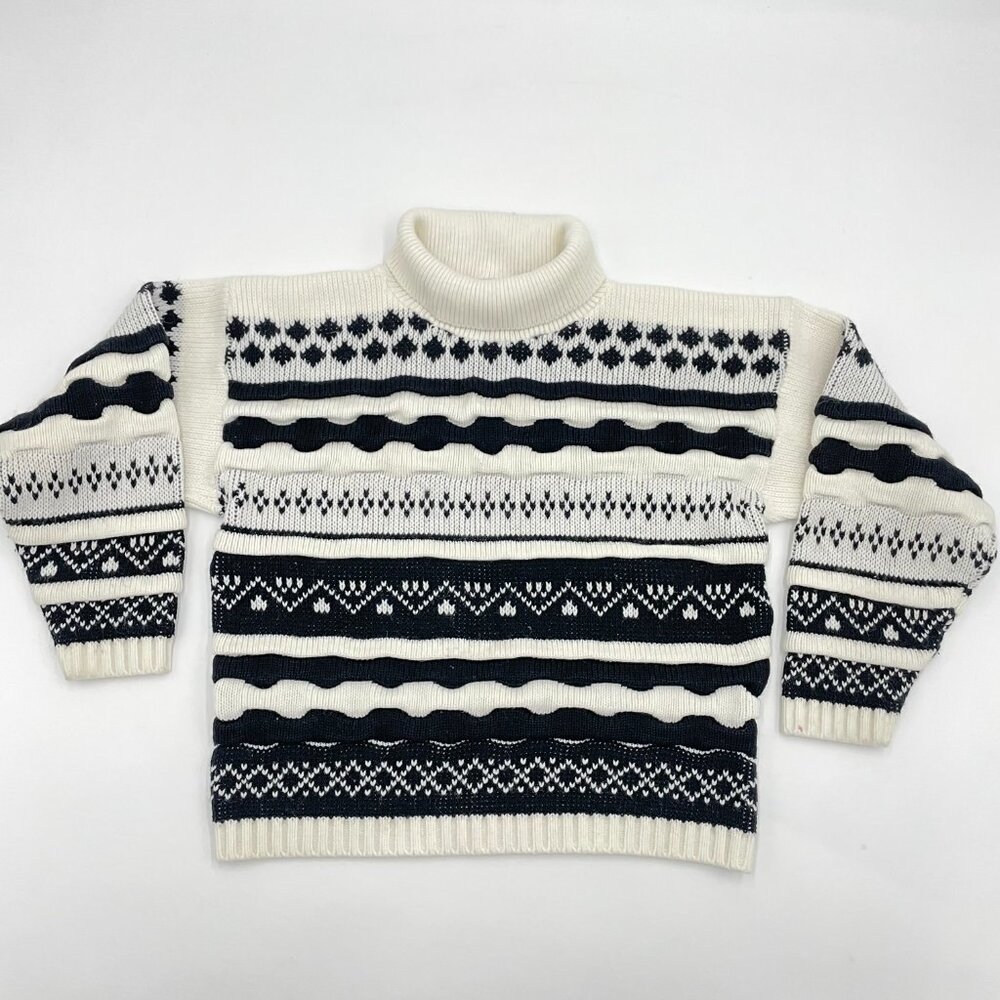 Vintage Sweater Child 3-D Knit Textured Black White Turtleneck Kid Girl Boy Fun